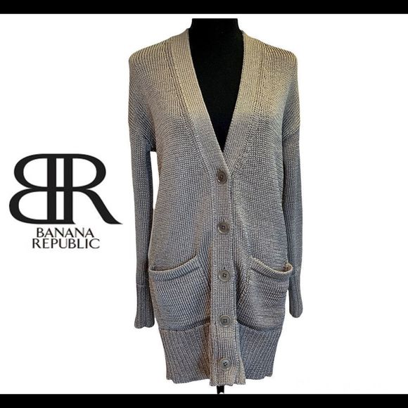 BANANA republic Taupe button front metallic platinum coloured cardigan sweater S - Picture 1 of 11